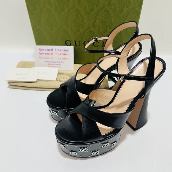 Gucci Janaya Black Interlocking G Studs 40.5/ US 10.5 Heels Platform Sandals NIB - Picture 7 of 16